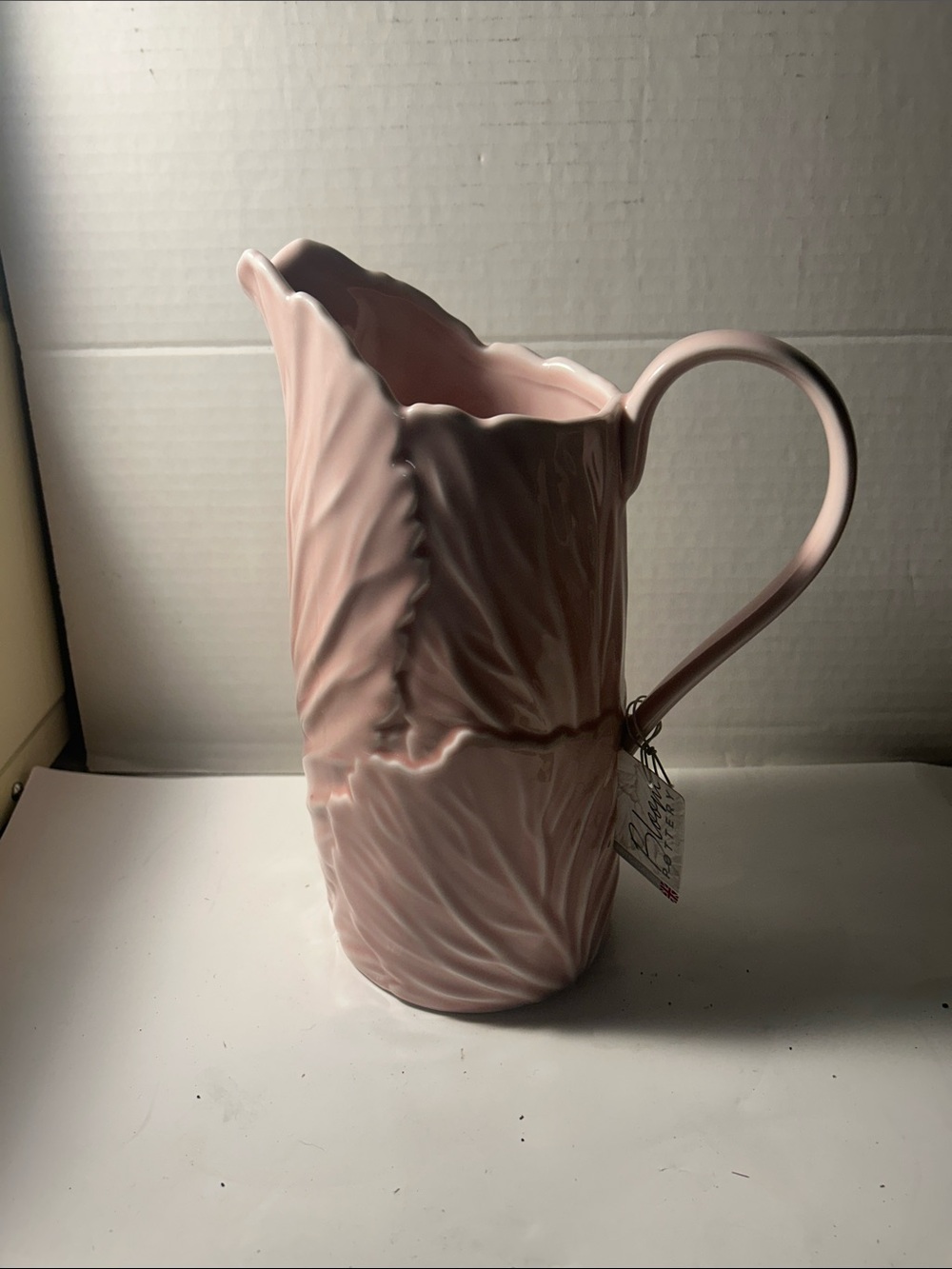 Soft Pink Ceramic Leaf-Textured Pitcher